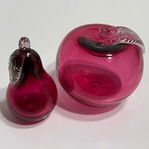Vintage Angelo Rossi Cranberry Glass Apple And Pear Paperweights